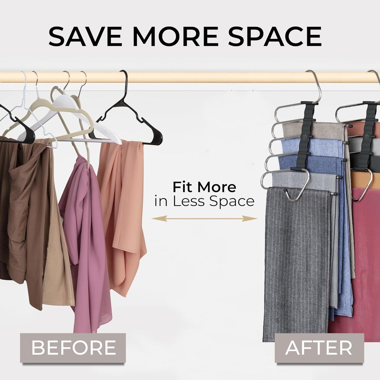 MORALVE Space-Saving Pants Hangers - Non-Slip Multi-Layer Closet Organizer - 2 Pack (Black)