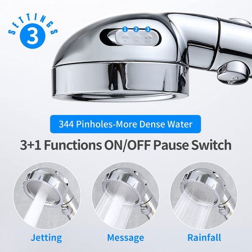 JONKEAN High Pressure Shower Head with 3 Spray Settings, Water Saving Handheld RV Shower Head with Hose and On Off Switch, Detachable Shower Heads with Hose and Angle-Adjustable Bracket (Chrome)