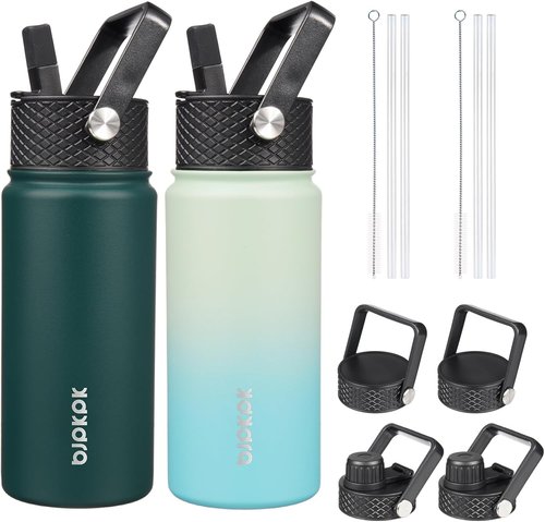 BJPKPK Insulated Water Bottles - 18oz Stainless Steel with Straw Lids | Leak-Proof & BPA-Free (Army Green + Mint)