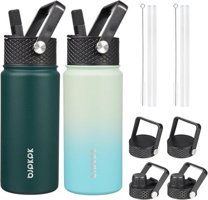 BJPKPK Insulated Water Bottles - 18oz Stainless Steel with Straw Lids | Leak-Proof & BPA-Free (Army Green + Mint)