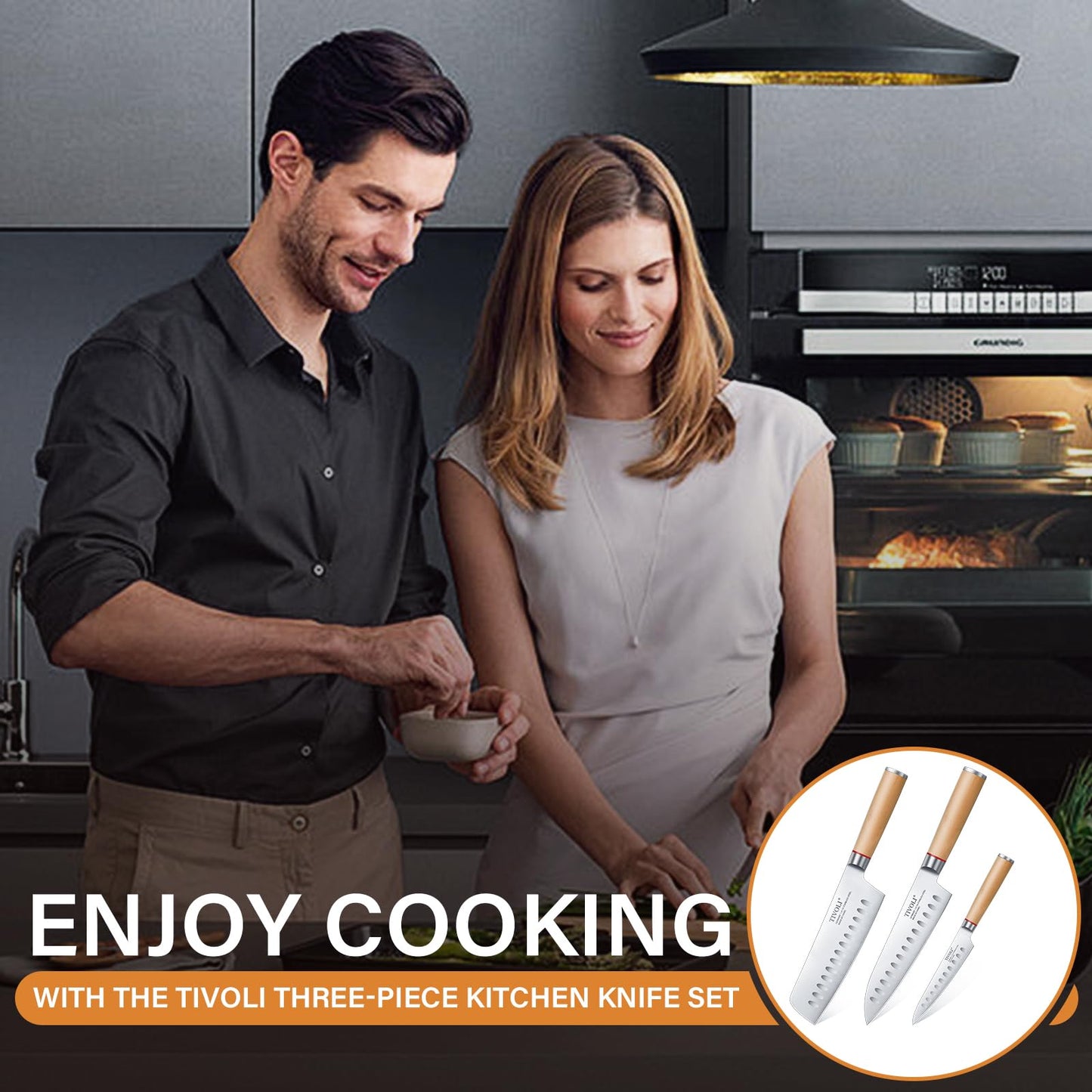 TIVOLI Kitchen Knife Set,3PC Professional Chef Knife Set Stainless Steel Japanese Knives Set for Kitchen Sharp Blade with Wooden Handle Cooking Knife, Nakiri Knife, Chef Knife, Paring Knife