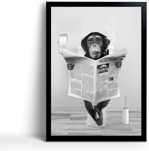 Funny Monkey Framed Wall Art - Humorous Black and White Bathroom Decor | Rustic 8"x10" Frame
