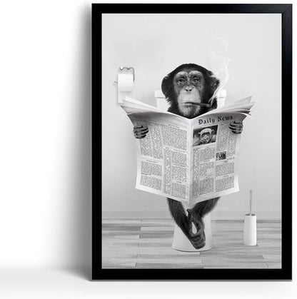 Funny Monkey Framed Wall Art - Humorous Black and White Bathroom Decor | Rustic 8"x10" Frame