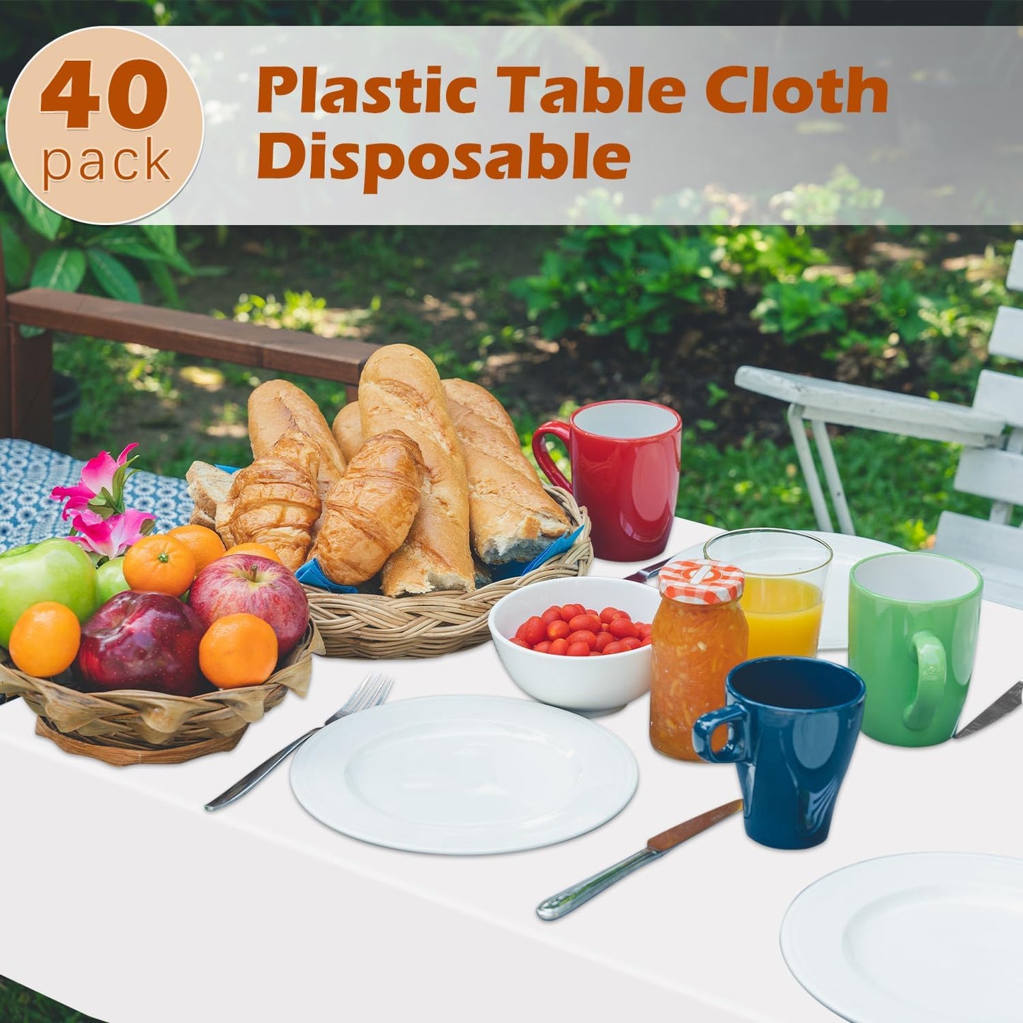 Skiennix Disposable White Plastic Tablecloths - 40 Pack, 54"x108" Rectangle Covers for Parties