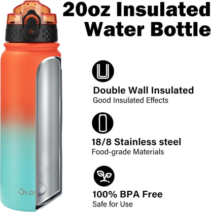 Oldley Insulated Water Bottle - 20oz Stainless Steel with Straw & 3 Lids | Leak-Proof Ombre Orange-Green