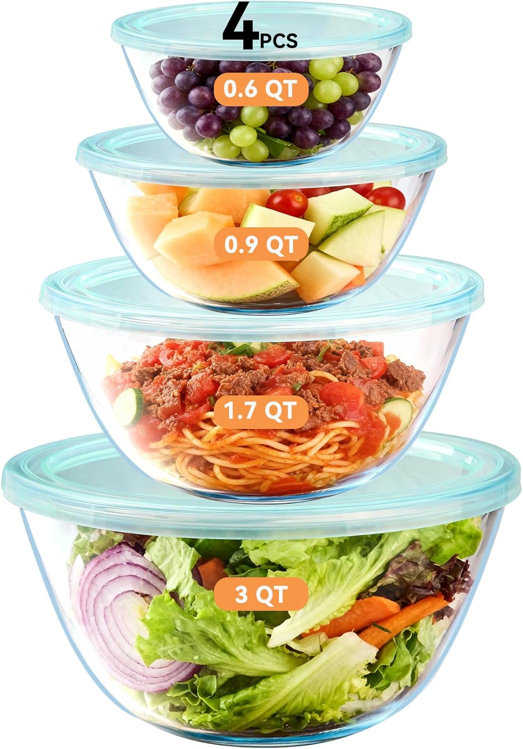 YUANYE Glass Mixing Bowls Set - 4 Pack with Lids | Thick, Nesting Kitchen Bowls for Cooking & Baking (3/1.7/0.9/0.6QT)