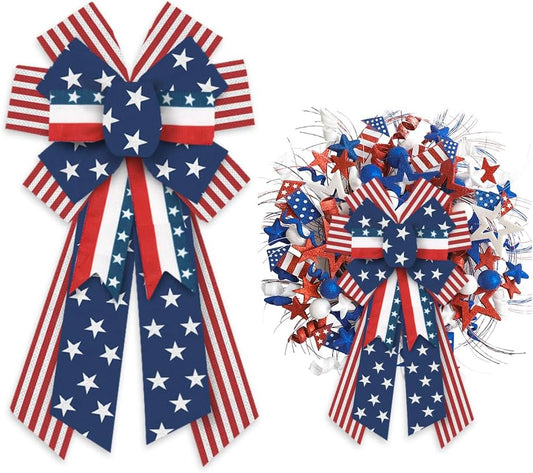 Threetols Patriotic Wreath Bows - Large Red, White & Blue Burlap Bows for Memorial Day & 4th of July Decor