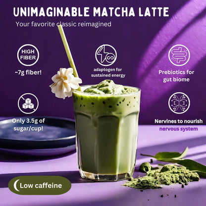 Unimaginable Matcha Latte Powder, Gut-Brain Wellness Matcha Latte Mix, Energy and Focus Boost without Jitters, Ceremonial Matcha powder mix, Oat Milk Creamer, High Fiber, Low Sugar, Nervines for Calm, Adaptogens, 10 servings