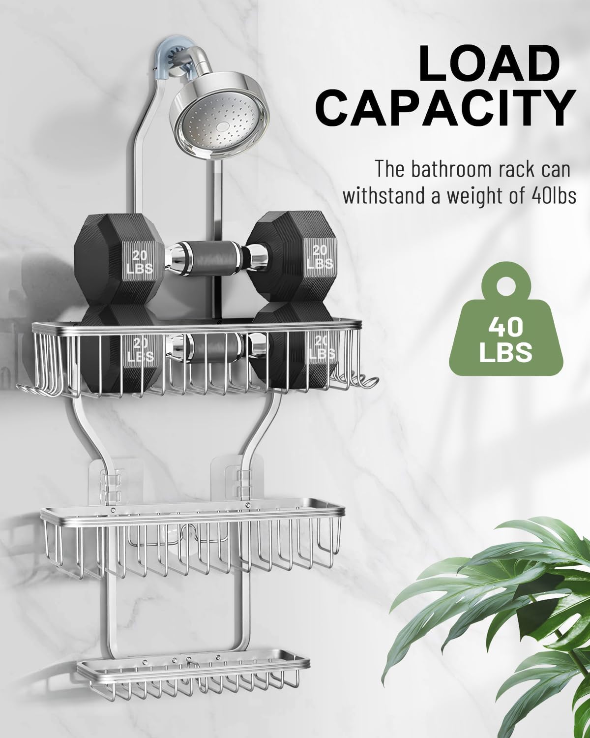 Regine Shower Caddy - Rust-Resistant Aluminum Hanging Organizer with 6 Hooks for Razors & Sponges | Silver