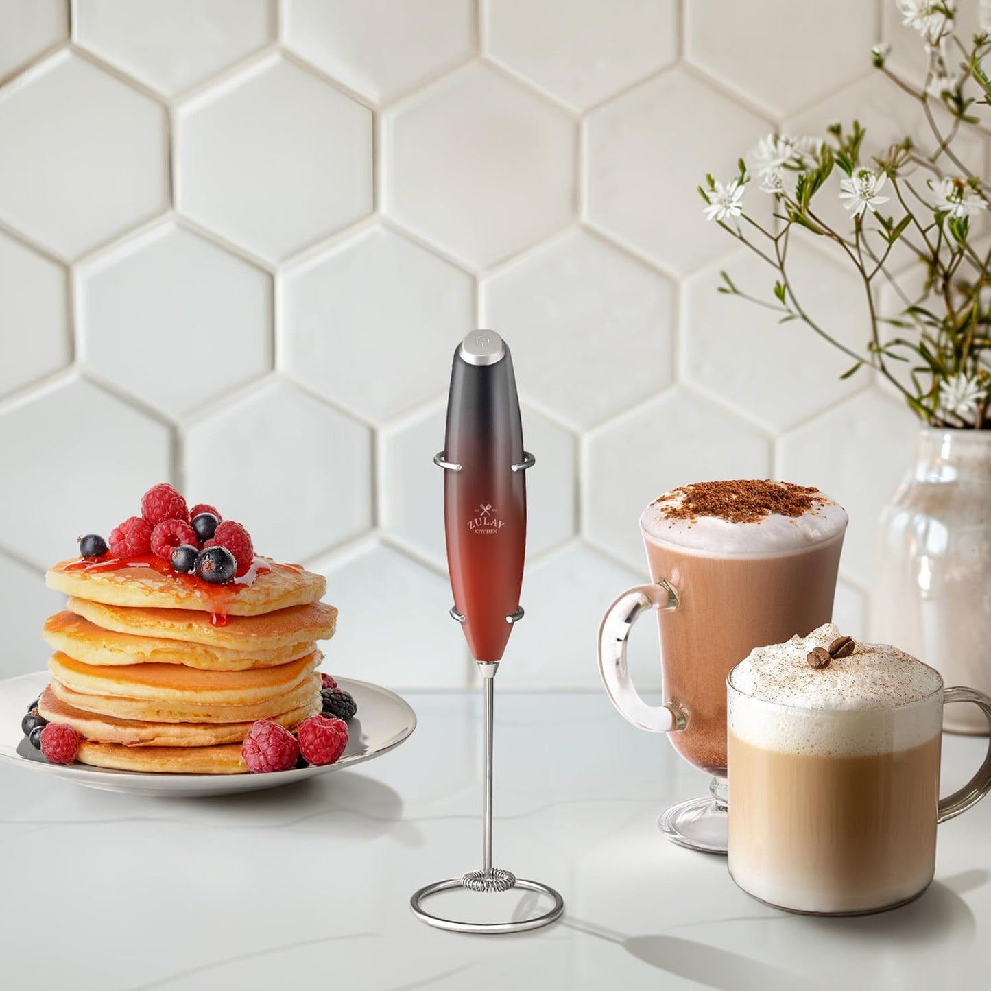 Zulay Kitchen Milk Frother Wand - Ultra-Fast Handheld Mixer for Coffee & Lattes - Black & Red