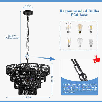 20 inch Pendant Lights Kitchen Island, 6 Lights Large Boho Chandeliers, Height Adjustable Hand Woven Rustic Farmhouse Ceiling Light for Dining Room Living Room Height Adjustable,4 tier, Black