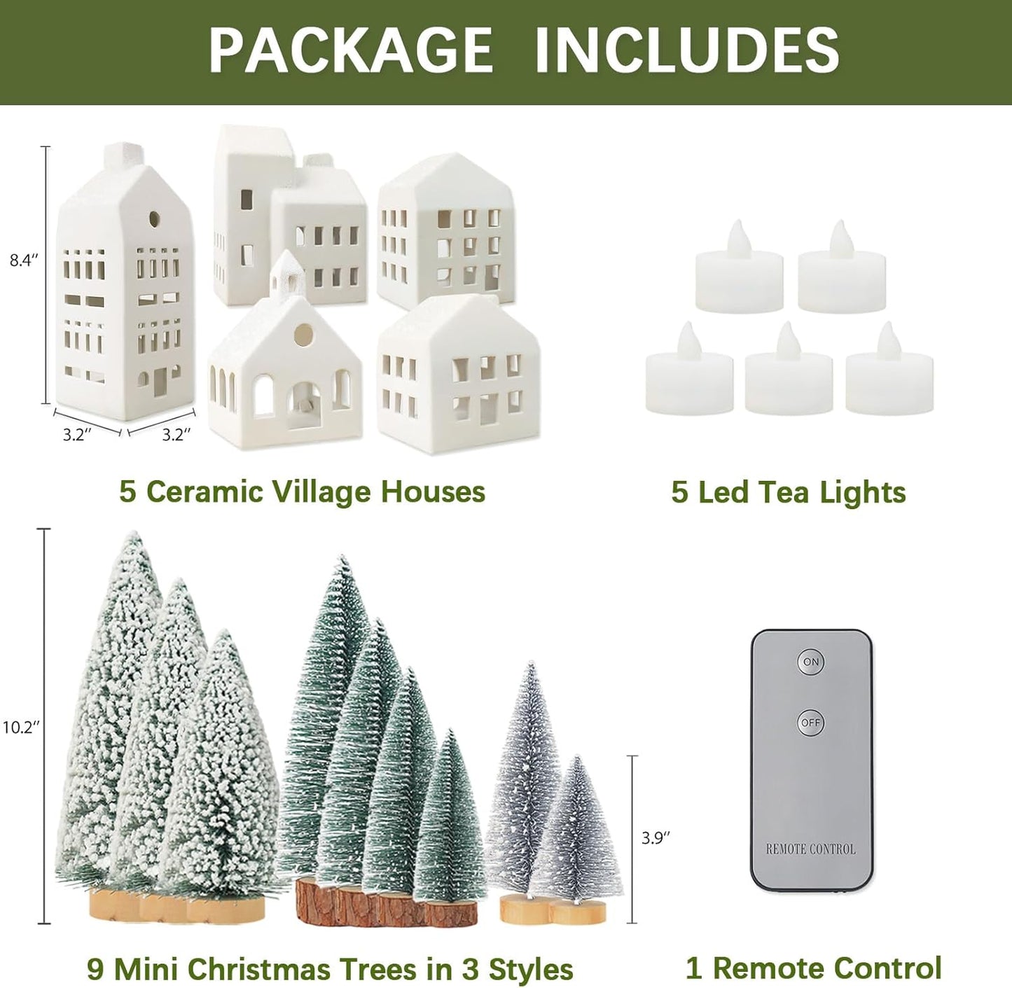 Regine Switzerland Christmas Village Set - 5 Lighted Ceramic Houses with Remote Control & 9 Trees | Rustic Indoor Holiday Decor