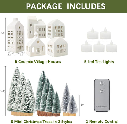 Regine Switzerland Christmas Village Set - 5 Lighted Ceramic Houses with Remote Control & 9 Trees | Rustic Indoor Holiday Decor