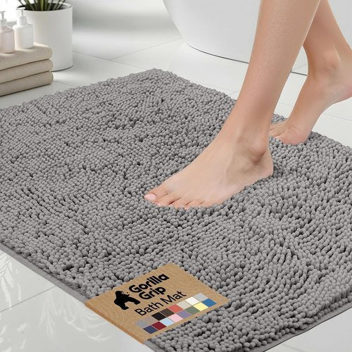 GORILLA GRIP Bath Rug Mat - Soft Absorbent Chenille | Quick Dry Microfiber, 42x24 Inches, Grey