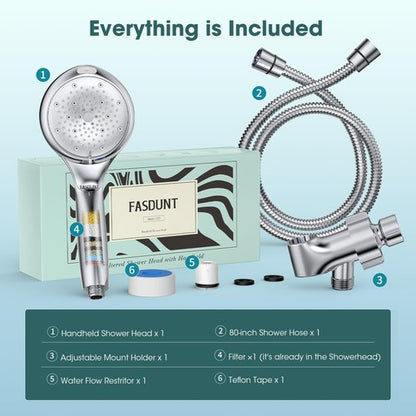 FASDUNT Shower Head with Handheld, High Pressure 8-Mode Filtered Shower Head with 80" Extra Long Stainless Steel Hose & Adjustable Bracket, Built-in Filter for Hard Water -Remove Chlorine, Chrome