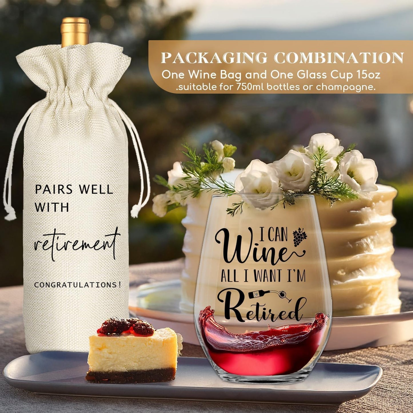 Retirement Gifts for Women Men, Funny Retirement Wine Glass and Wine Bag Set, Best Retired Gifts for Friends Cowkers Doctors Nurses Teachers Boss-PAIRS WELL WITH RETIREMENT (Retired-Beige)
