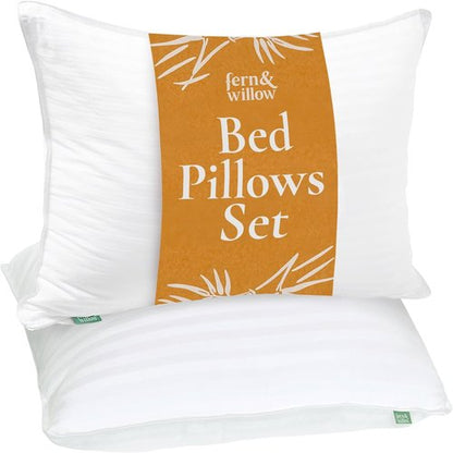 Fern and Willow Premium Queen Size Bed Pillows - Luxurious Ultra-Soft Cooling Set of 2 | Medium Firm Support for All Sleepers