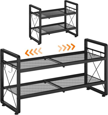 ELYKEN Shoe Rack - 2-Tier Expandable Organizer with 4 Hooks | Metal Black Shoe Shelf for Entryway