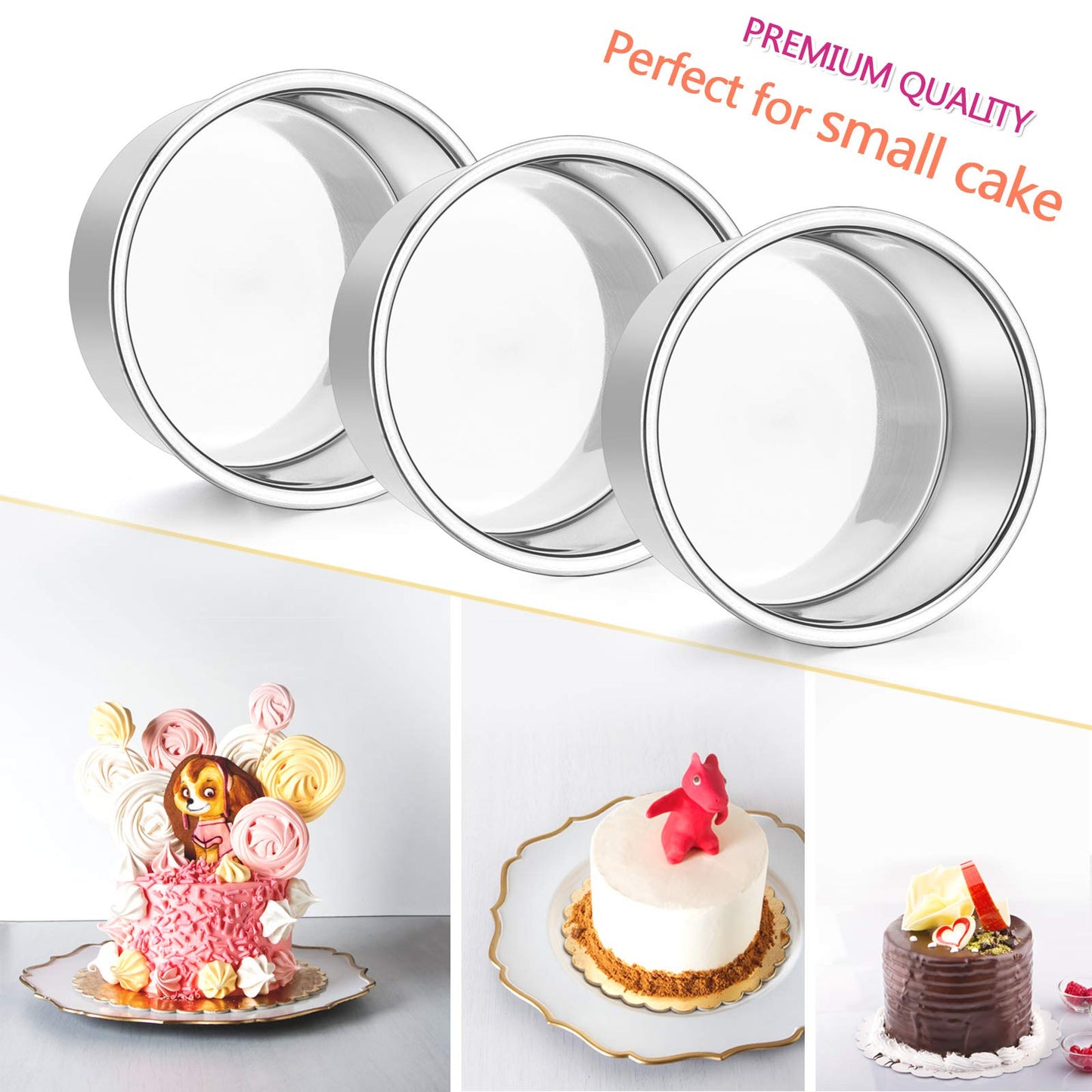 E-far 4 Inch Small Cake Pan Set of 6, Stainless Steel Mini Round Smash Cake Baking Pans Tins, Non-Toxic & Healthy, Mirror Finish & Dishwasher Safe