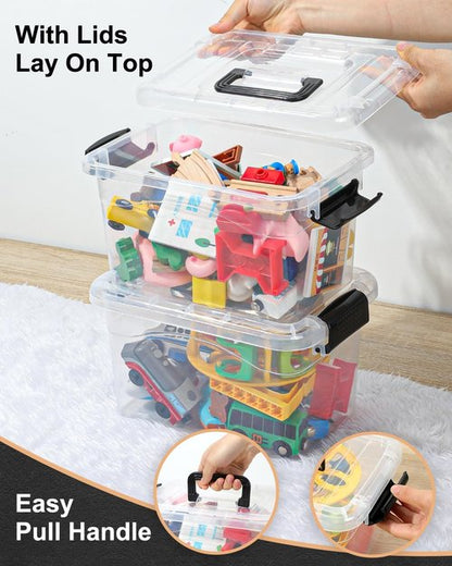 EOENVIVS Plastic Storage Bins - Stackable 7 Quart Organizer with Black Buckle Lids | 6 Pack Clear Bins for Home & Office