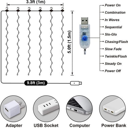 HXWEIYE Short Curtain Lights - 3.3x5Ft USB Plug Warm White Fairy Light with Timer & Clips for Indoor Décor