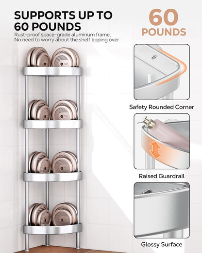 Nieifi Corner Shower Caddy Stand - 4-Tier Rustproof Aluminum Organizer | Height-Adjustable Legs for Stability - Silver