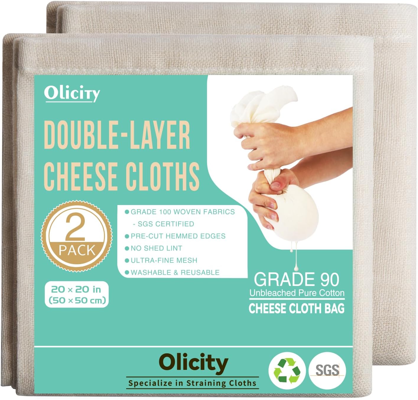 Olicity Cheese Cloths - Reusable Double-Layer 20x20 Inch Unbleached Cotton Straining Bags | 2PCS Fine Mesh Muslin
