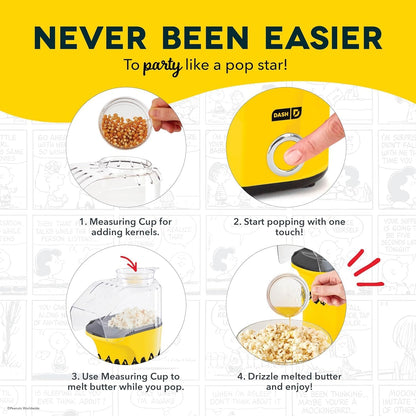 Peanuts DASH Fresh Pop Popcorn Maker - Oil-Free Air Popcorn Popper with Measuring Cup & Recipe Guide - 16 Cups for Movie Nights