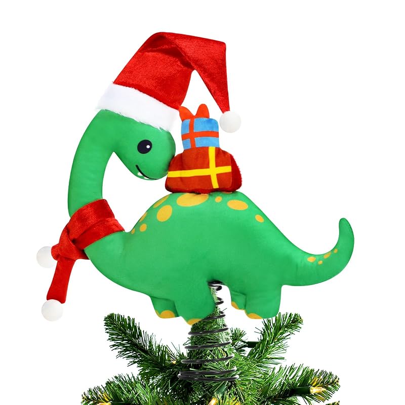 Christmas Dinosaur Tree Topper - Plush Brachiosaurus with Santa Hat
