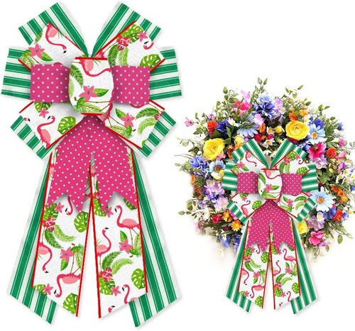 Hying Summer Wreath Bows - Large Pink Burlap & Green Stripes | Flamingo Farmhouse Decor