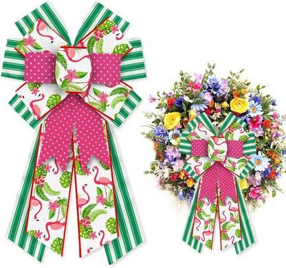 Hying Summer Wreath Bows - Large Pink Burlap & Green Stripes | Flamingo Farmhouse Decor