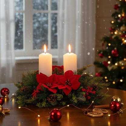 Kathfly 20" Christmas Poinsettia Centerpiece - Elegant Holiday Table Decoration with Candle Holders & Red Flowers