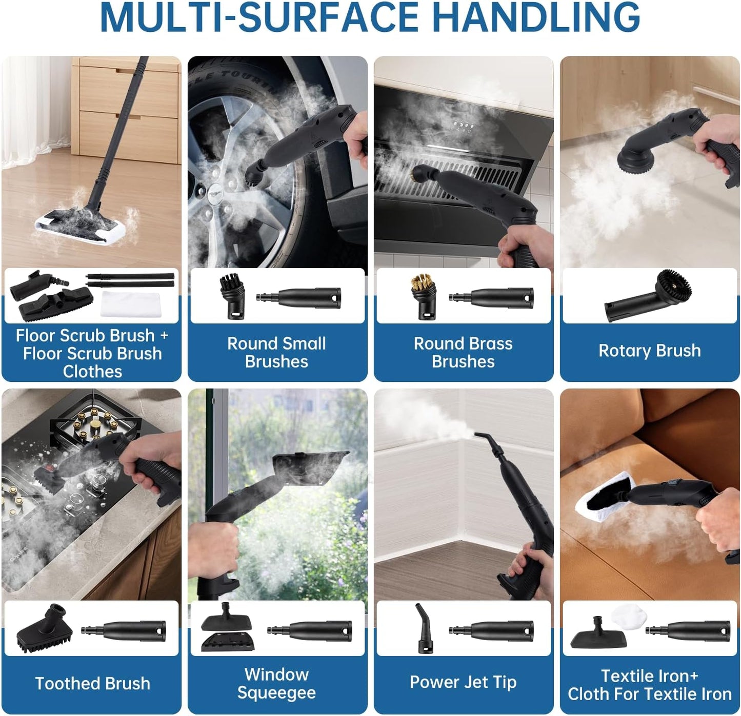 Skiennix Steam Cleaner - Powerful Heavy Duty Canister Steamer with 34 Accessories | 16.4 Ft Power Cord for Home, Grout, Upholstery, Car Cleaning - Grey