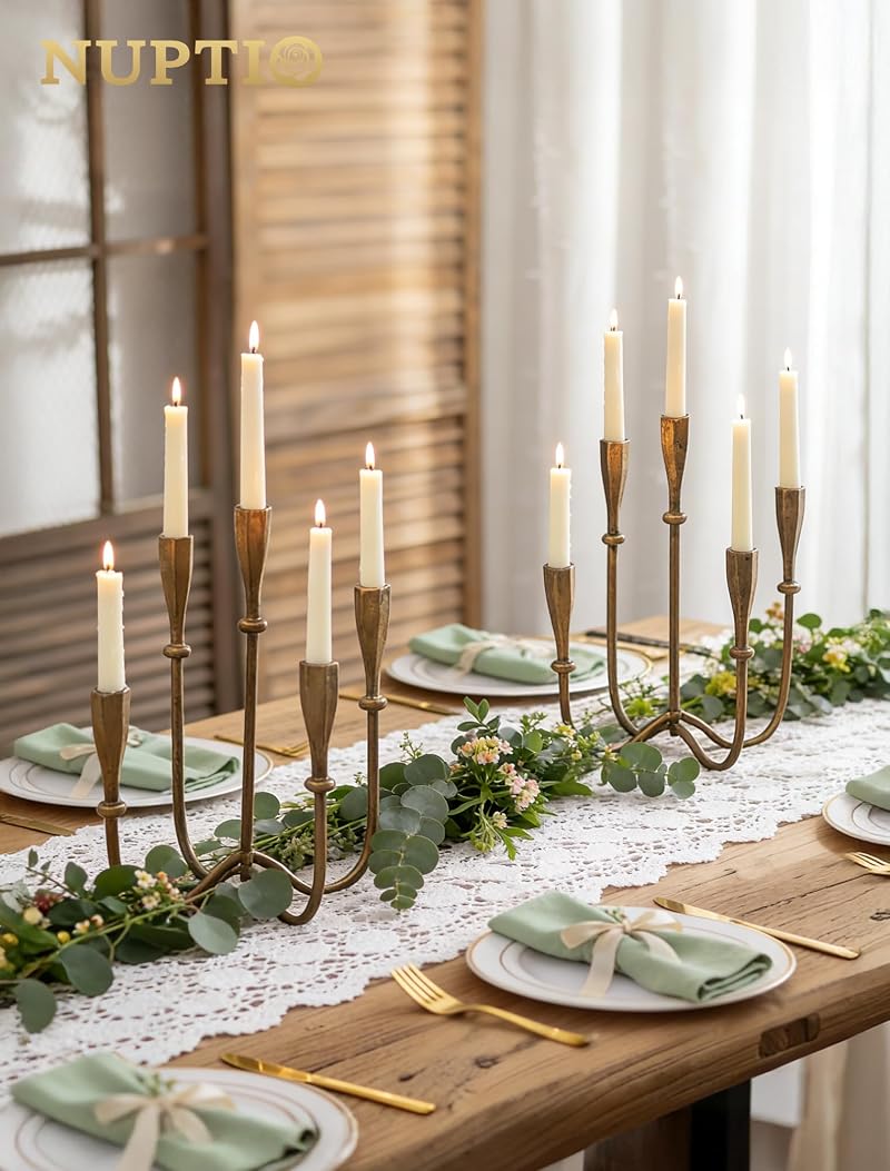 Tall Cast Iron Candle Holder Set – 5-Arm Candelabra in Matte Gold