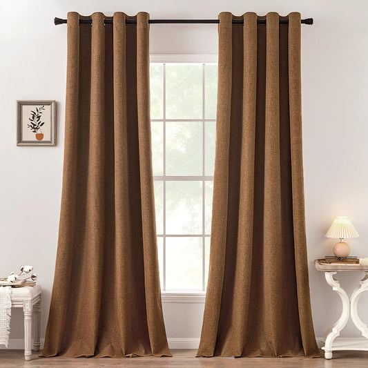 MIULEE 100% Blackout Linen Curtains - Thermal Insulated Brown Grommet Drapes | 52 x 108 Inch (2 Panels)