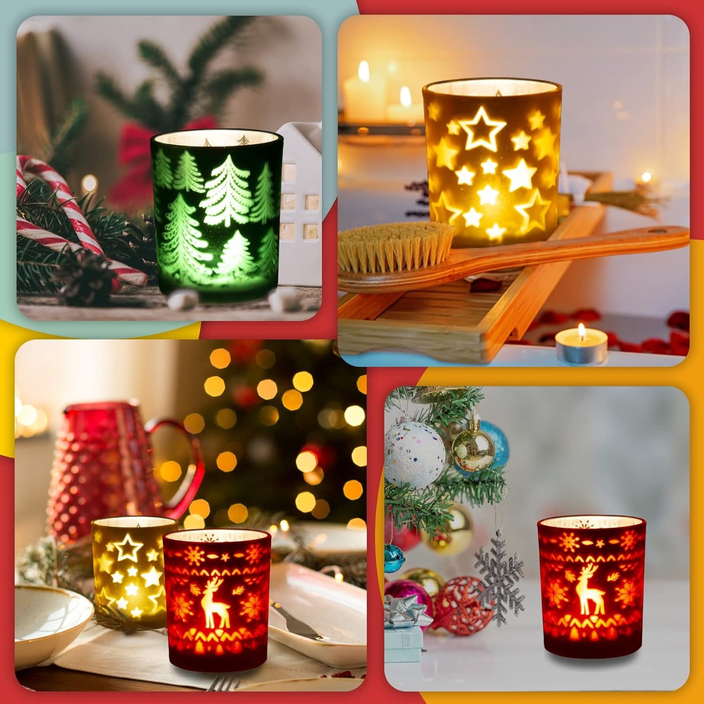 Rancco Tealight Candle Holders - Festive Indoor Christmas Decor | Elk, Tree & Star Designs, 3.3x2.6in