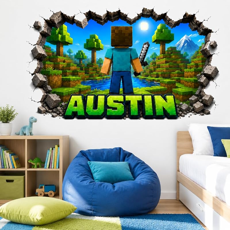 Personalized Pixel Gamer Wall Decal - Custom Name 3D Broken Wall Video Game Room Decor
