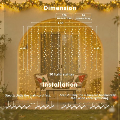 JMEXSUSS 200 LED Curtain Lights - Warm White Fairy Lights with Remote | 6.5ft x 6.5ft for Wedding & Party Decor
