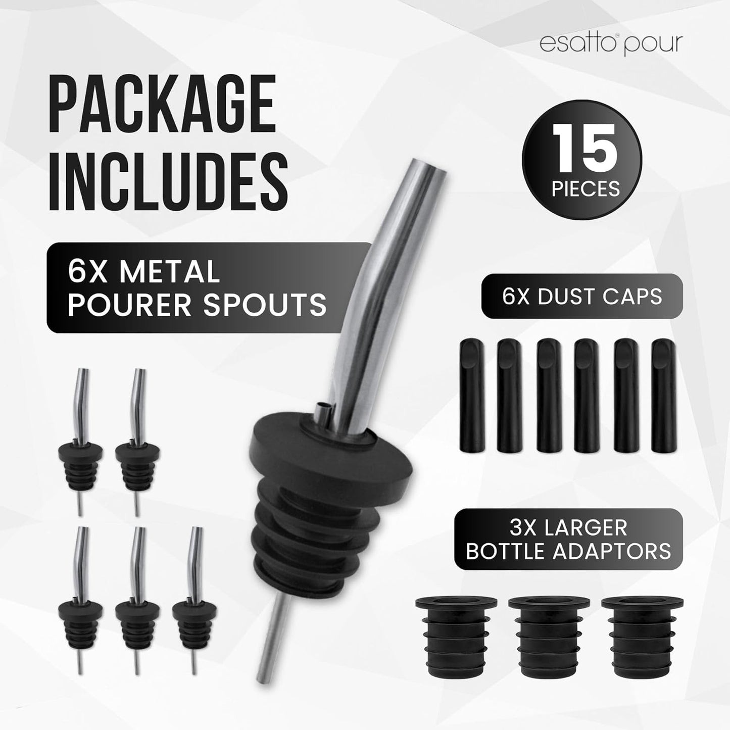 Stainless Steel Liquor Bar Bottle Pourers - Drip-Free Nozzle - Pour Spouts for Alcohol & Bartending - Universal Fit Speed Spout - Rust-Free & Easy Clean - Chrome (6 Pack)