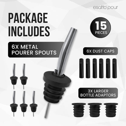 Stainless Steel Liquor Bar Bottle Pourers - Drip-Free Nozzle - Pour Spouts for Alcohol & Bartending - Universal Fit Speed Spout - Rust-Free & Easy Clean - Chrome (6 Pack)