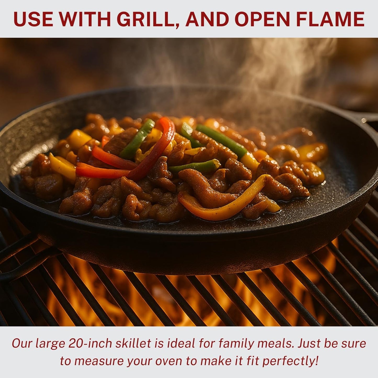 Skiennix 20-Inch Cast Iron Skillet - Pre-Seasoned Heavy Duty Pan with Dual Handles & Cleaner Scrubber | Perfect for Grill, Oven, Stove & Campfire Cooking