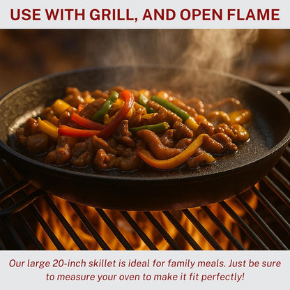Skiennix 20-Inch Cast Iron Skillet - Pre-Seasoned Heavy Duty Pan with Dual Handles & Cleaner Scrubber | Perfect for Grill, Oven, Stove & Campfire Cooking