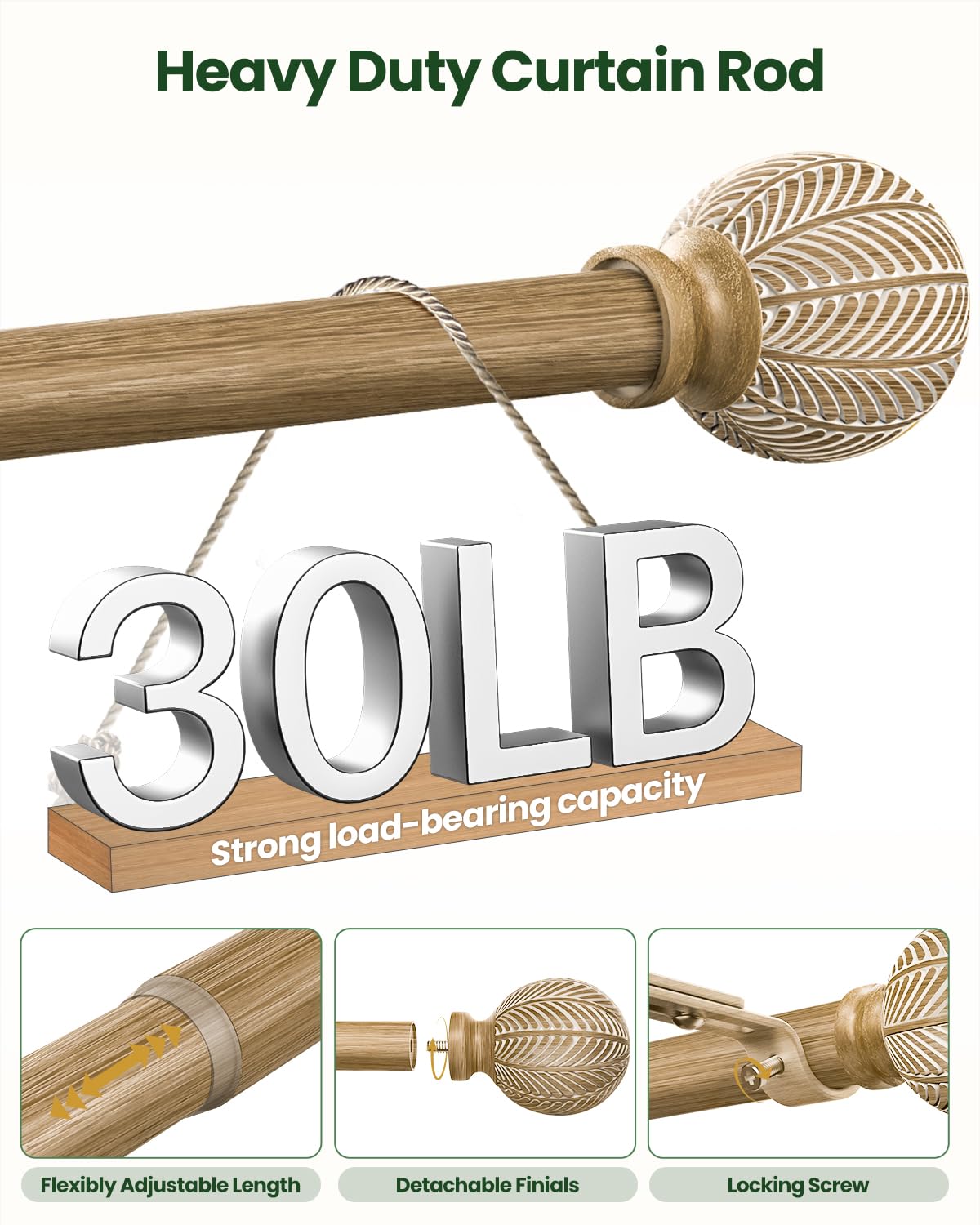 OICIPT Boho Wood Curtain Rods for Windows 48 to 84 Inch, 1" Adjustable Curtain Rod with Imitation Wooden Grain Finials, Decorative Heavy Duty Rustic Farmhouse Drapery Rods, 36-88'', Weathered Wood