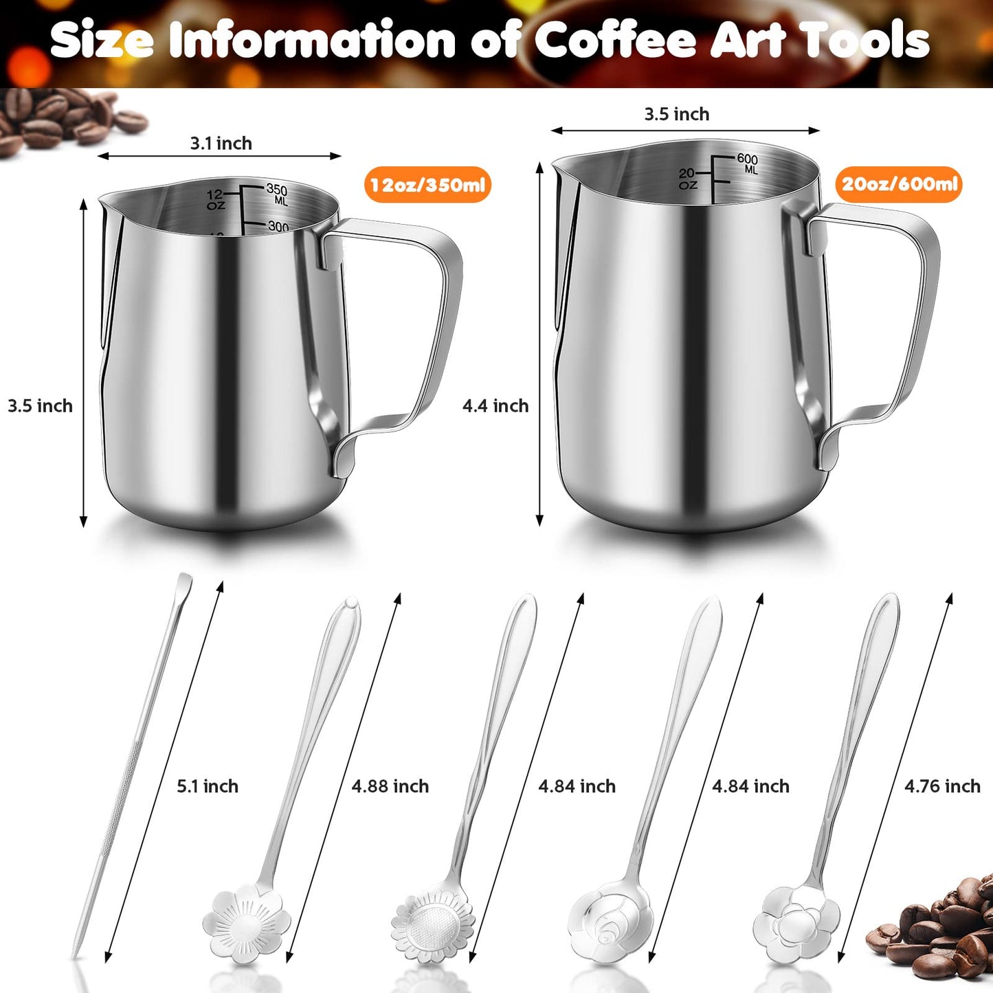 2 Pcs Milk Frothing Pitcher 12 Oz/ 350 ml 20 Oz/ 600ml Stainless Steel Milk Frother Cup with 4 Floral Dessert Coffee Spoons 2 Decorating Art Pens Silver Espresso Accessories Set for Kitchen Cafe Bar