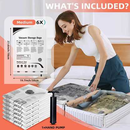 Skiennix Vacuum Storage Bags - Space Saver Compression for Comforters & Blankets | 6 Medium Bags with Hand Pump