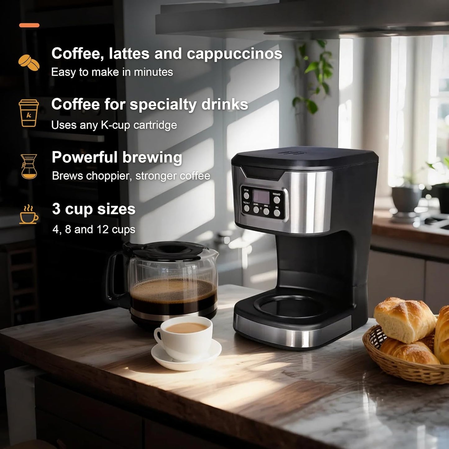 Skiennix Programmable Coffee Maker - 12-Cup Fully Automatic Drip Machine | Stainless Steel, Keep-Warm Function