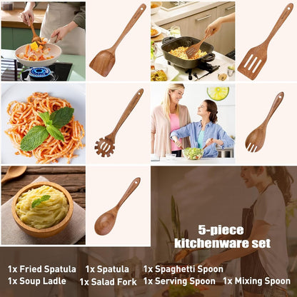 Skiennix Wooden Spoons for Cooking - 5-Piece Natural Solid Wood Utensil Set | Includes Salad Spoons, Strainer Spoon, Mixing Spoon, Slotted Spatula