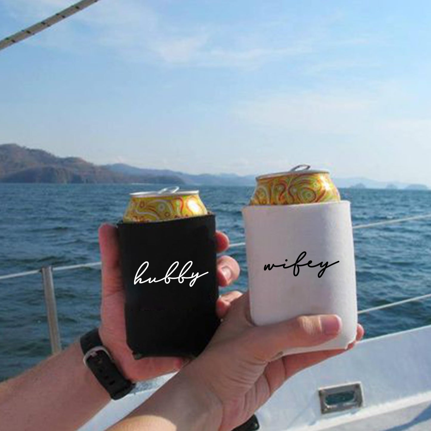 GroomBrideGifts Honeymoon Essentials Gifts - Hubby and Wifye Novelty Can Cooler.