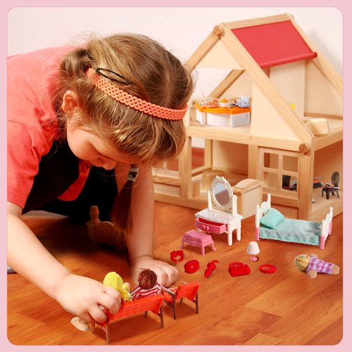 HyDren 83-Piece Wooden Dollhouse Furniture Set - Includes 8 Flexible Dolls for 5 Rooms | Perfect Gift for Toddlers
