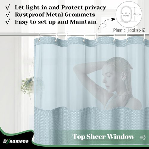 Dynamene 78 Inch Long Shower Curtain, Tall Waffle Fabric Shower Curtains for Bathroom, Hotel Waterproof Cloth Shower Curtain Liner Set with Hooks, Snap in Liner, Mesh Top Window, Fog Blue, 72x78